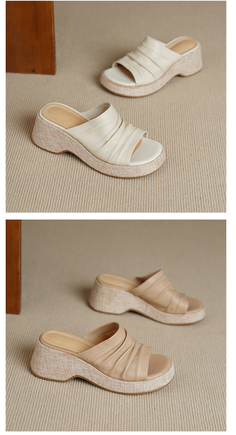 Sandal nữ da cừu gót xuồng đế dày hở mũi quai ngang — màu trắng ngà chi tiết 12