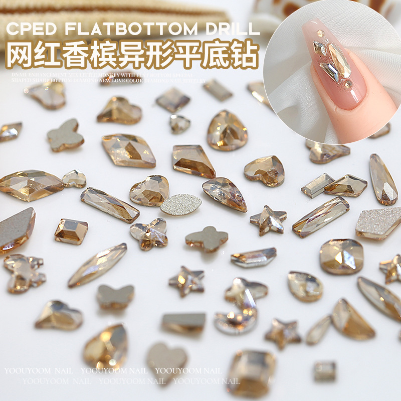 New Champagne nail drill Wholesale Glass special-shaped flat diamond Internet celebrity small love Diamond water drop nail decorations