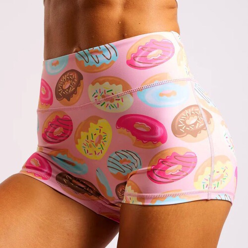 Cross-border foreign trade color printed dopamine sports fitness three-point shorts yoga wear elastic slimming belly and hip lift