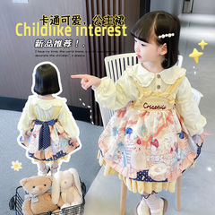 女寶寶春秋套裝童裝復古洛麗塔連衣裙2023背帶蓬蓬裙花邊公主裙子