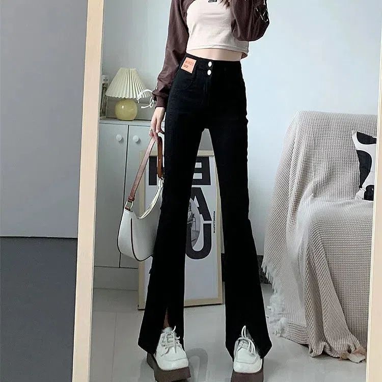 Thickened Flared Pants with Slits, New High-Waisted Slimming Floor-Length Bootcut Jeans for Women, Black Velvet for Small People in Autumn and Winter