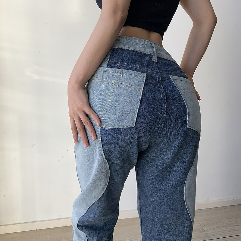 Stitching Loose High Waist Straight Contrast Color Jeans NSKAJ116865