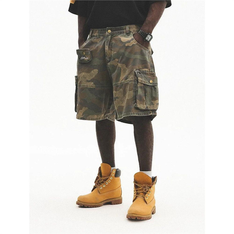 2025 Summer Camouflage Shorts Men's American Cargo Pants Washed Distressed Five-Point Pants Loose Multi-Pocket Shorts Trendy