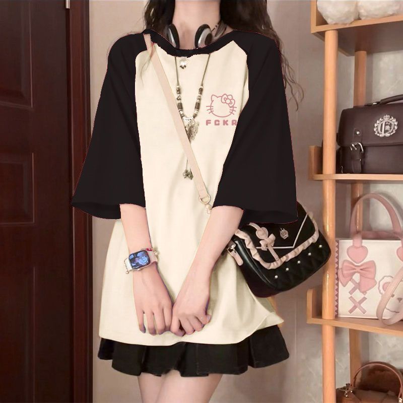 만화 고양이 검정 살구 반팔 + 검정 스커트 [안전 바지 포함, 고품질]