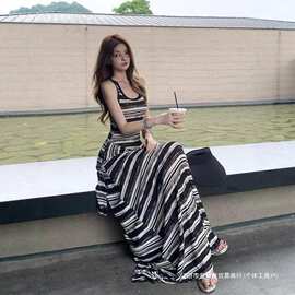 假两件条纹绑带无袖背心裙黑白撞色长款连衣裙女夏季新款长裙