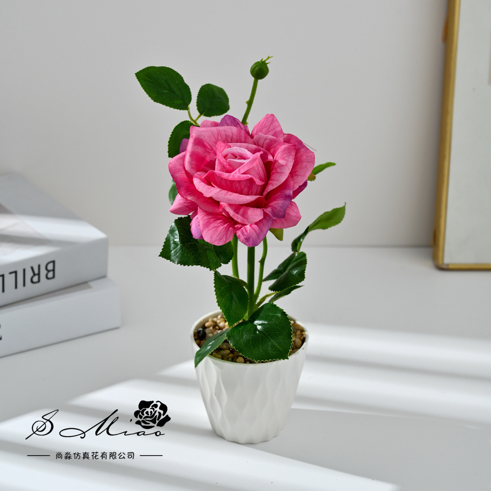 Cross-border dos extremos rosa bonsai moda imitación maceta flores falsas decoración del hogar fotografía ornamentos de flores artificiales de boda