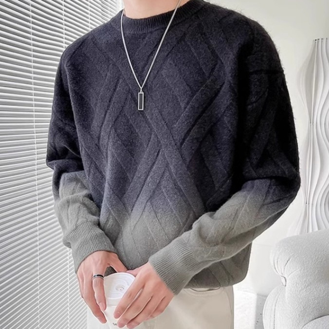 Otoño e invierno casual retro degradado cuello redondo jersey hombres de moda suelto suéter de punto