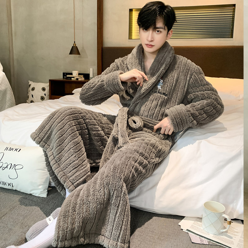 Pajamas men's autumn and winter flannel thickened long coral fleece nightgown winter fleece-lined warm bathrobe men's bathrobe Pajamas men's autumn and winter flannel thickened long coral fleece nightgown winter fleece-lined warm bathrobe men's bathrobe