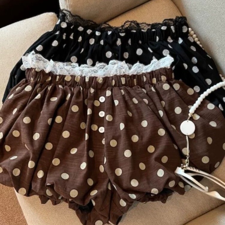 Sweet Polka Dot Lace Waistband Bloomers Shorts for Women, Summer Thin Style, Elastic Waist, Lantern Style, Anti-Exposure A-Line Leggings Sweet Polka Dot Lace Waistband Bloomers Shorts for Women, Summer Thin Style, Elastic Waist, Lantern Style, Anti-Exposure A-Line Leggings