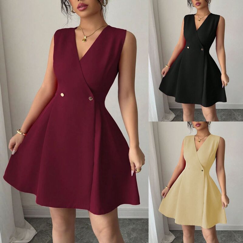 Women's Elegant French Style Casual Vacation Commuter Skirt Solid Color V Neck Double Breasted Pleated Mini A-Line Sleeveless Dress