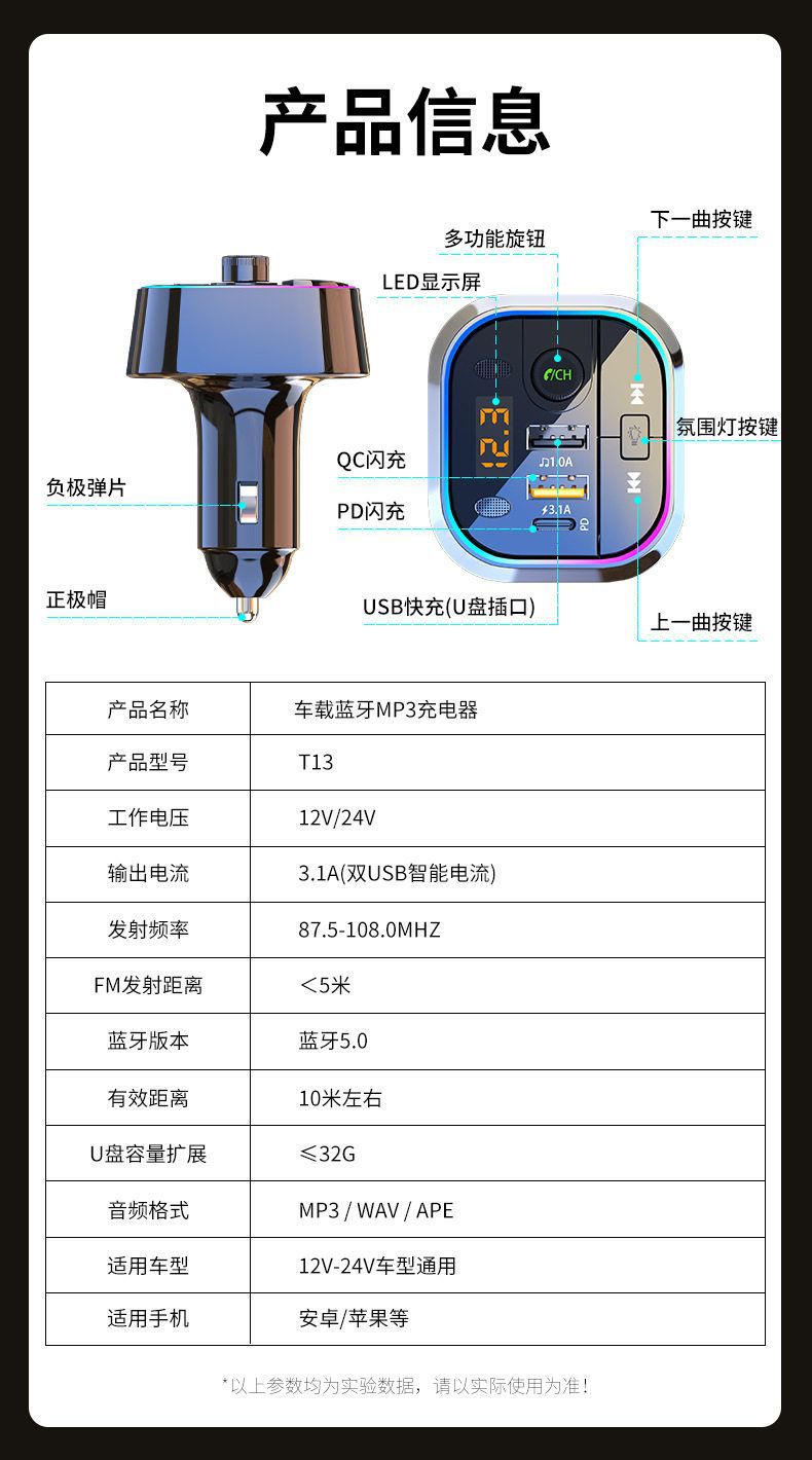 Suitable for Car Bluetooth Receiver Mp3 Player Multi-Function Lossless Sound Quality Cigarette Lighter Adapter Car