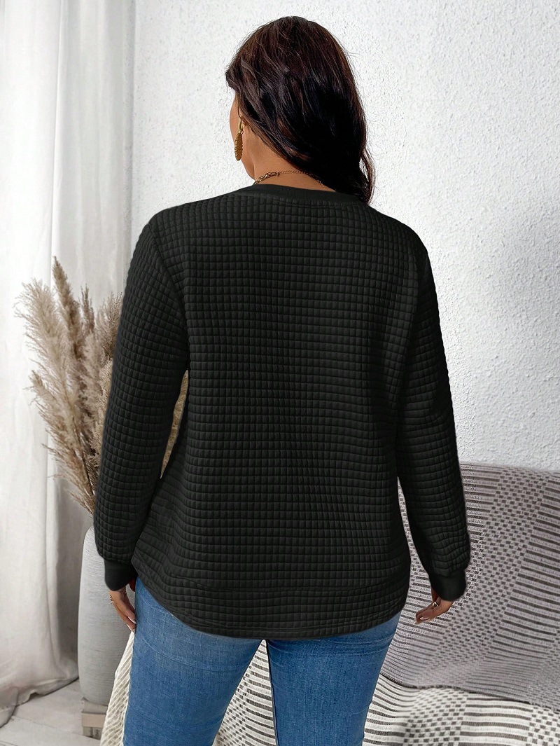 Transfronterizo de ropa de mujer de tamaño grande nueva camiseta casualidad de color sólido cuadrado con cuadrícula y redonda de abbillado otoño y invierno