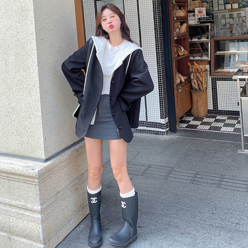 实拍连帽西装外套女春季韩系高级感休闲宽松设计感假两件短款上衣|undefined