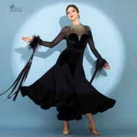 Королева черного! Современное танцевальное платье Dress Down с перьями S7106, национальный стандарт, вальс, бальное платье с кристаллами