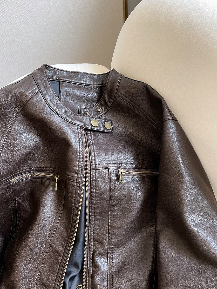 Little C's Maillard Style Brown Leather Jacket for Women 2025 New Autum Small Stand-Up Collar Short Leather Jacket