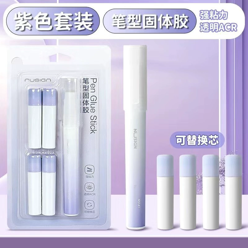 Glue Stick Pen (NUSIGN) Refillable Solid Glue, 1 g + 4 Refills, Cute Pastel Colors