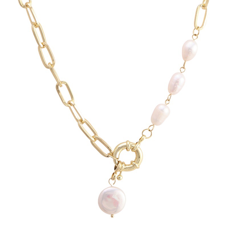 Moda transfronteriza europea y americana todo partido especial en forma de perla artificial suéter corto cadena metal costura luz lujo francés clavícula cadena para mujeres