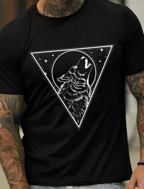 Cross-Border European and American Plus-Size Wolf Moon Print Pattern Men's Cotton Summer T-Shirt Cross-Border European and American Plus-Size Wolf Moon Print Pattern Men's Cotton Summer T-Shirt