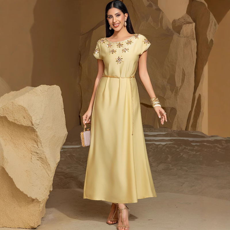 BA7030 new champagne Walt satin heavy industry hand-stitched drill short sleeve socialite style vintage dress