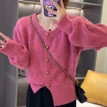 玫红色小香风毛衣女秋冬加厚洋气百搭宽松针织单排扣开衫上衣外穿