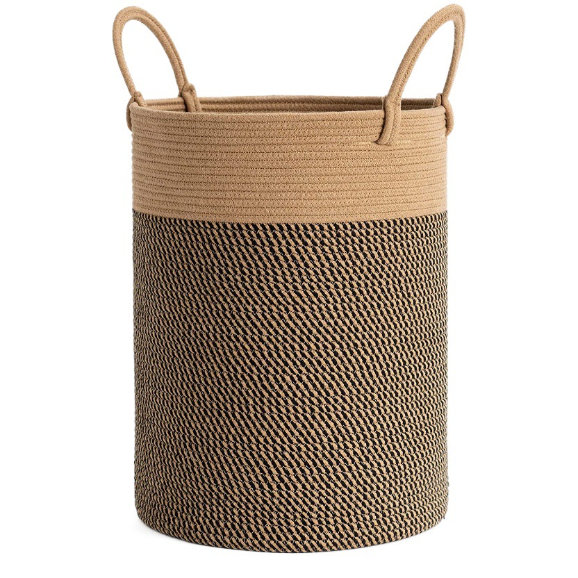 Cesta de almacenamiento tejida de cuerda de algodón caja de almacenamiento de artículos diversos redonda hilo de algodón mango largo cesta de lavandería cesta de juguete cesta de organización