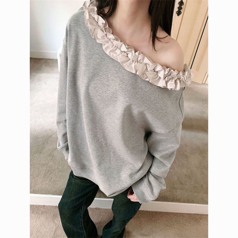 Lace One-Shoulder Loose Niche American Retro Sweatshirt Women's Waist Slimming Spring Long-Sleeved Top