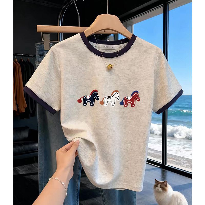 High-End Color-Blocking Pure Cotton Regular Shoulder Short-Sleeve T-Shirt for Women, 2026 Spring/Summer New Stylish Age-Reducing Top, Hot-Selling Item for the Year of the Horse