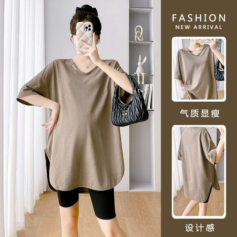 Summer clothing for pregnant, T-shirt, summer body-friendly set, with short sleeve, V-neckline, for teenagers, Korean style