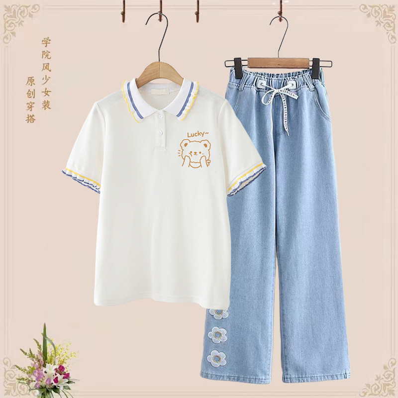 Junior high school girl polo shirt short-sleeved T-shirt 12-15 years old summer suit fresh Denim wide-leg pants two-piece suit