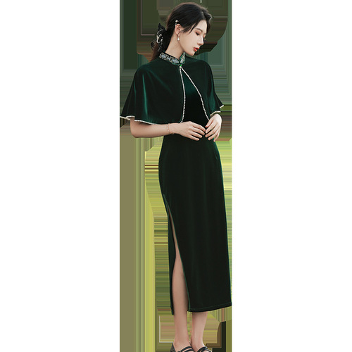 Chinese style retro qipao dark green wine cheongsam dress velvet stand-up collar cheongsam Retro modified slim shawl autumn long Chinese dress