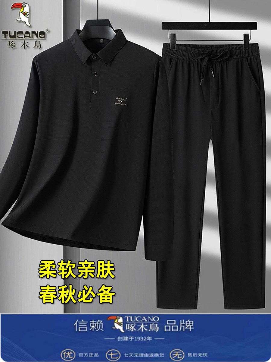 啄木鸟男士长袖t恤中老年套装春秋季polo衫休闲运动两件套爸爸装T