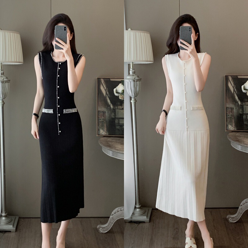 7542 French Elegant Sleeveless Round Neck Pearl Decorated Ice Silk Knitted Skirt Summer New High-End Simple Dress