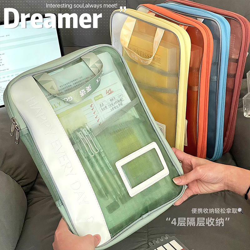 Bolsa de estudio en forma de L bolsa de sujeción bolsa de sujeción de cuatro capas gruesa bolsa de clasificación de sujeción estudiantes bolsas de mano de malla transparentes tridimensionales
