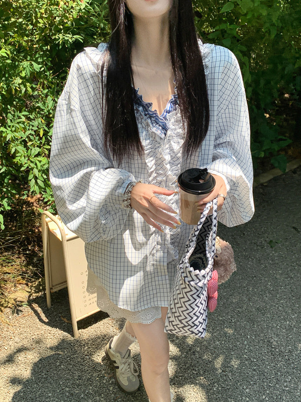 港风层叠木耳边领格子衬衫女2025春夏小众设计感独特绝美长袖上衣|undefined