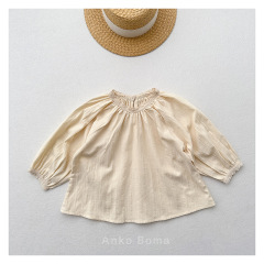 森系女童花邊領襯衫春秋新款兒童寬鬆上衣女寶寶復古可愛長袖襯衣