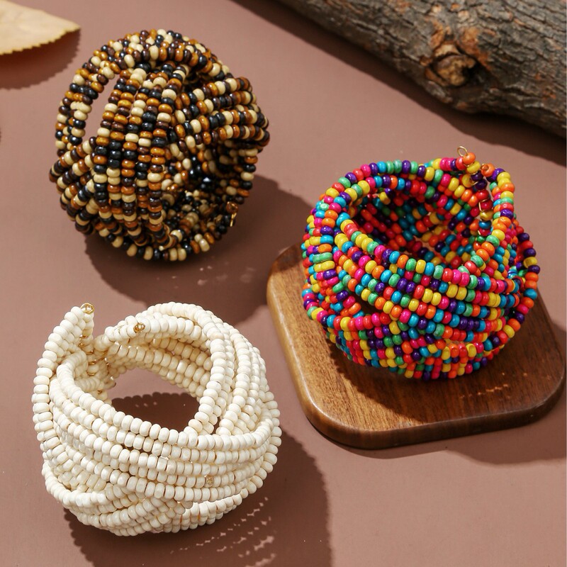 Bohemian New Style Wooden Beads Handmade Three-Layer Cross Beaded Bracelet Open Bracelet for Women Wholesale