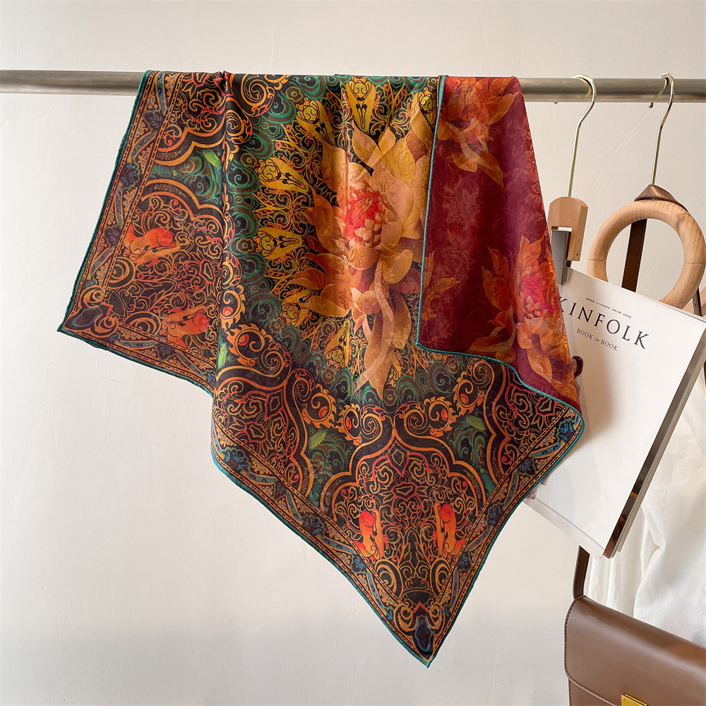 Printed Square Silk Scarf Elegant Chinese Style Shawl_voghion.com
