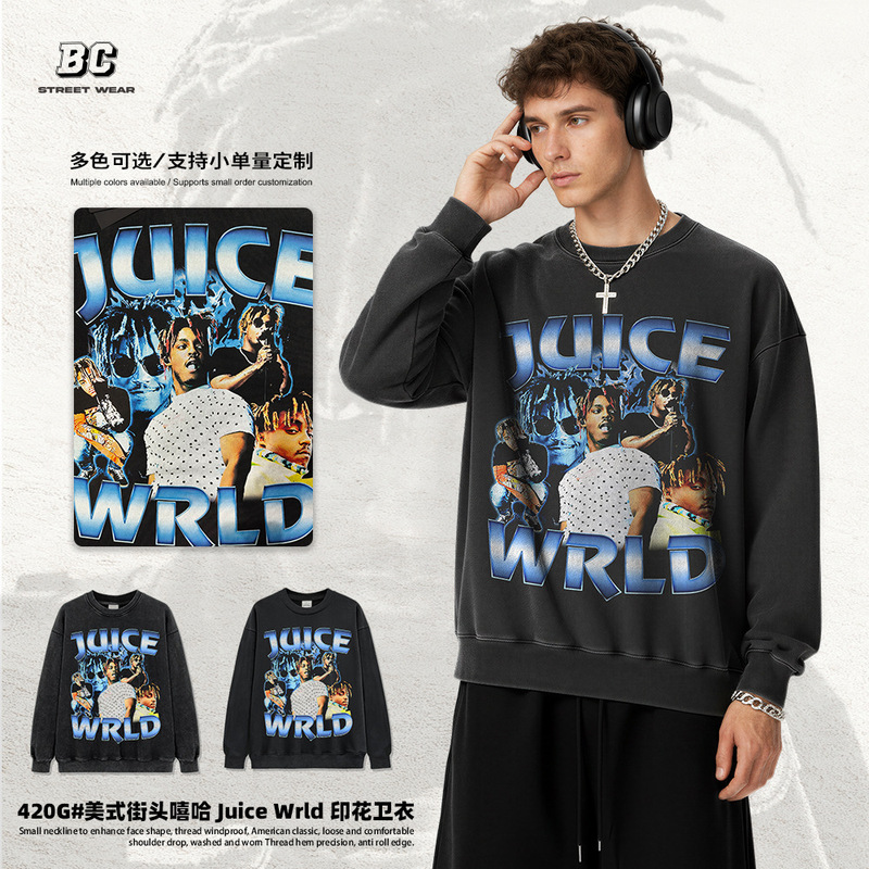 Cross-border Retro Hip-hop Juice Wrld Printed Heavy Short-sleeved T-shirt Crewneck Hooded Sweater Cross-border Retro Hip-hop Juice Wrld Printed Heavy Short-sleeved T-shirt Crewneck Hooded Sweater