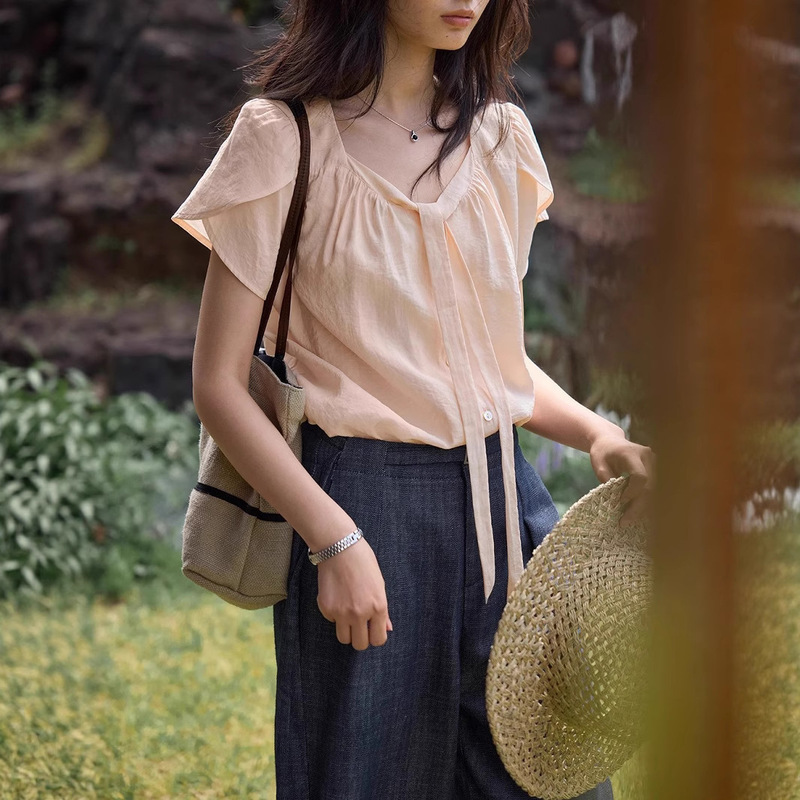 Solighter French Modal Ribbon Petal Sleeve Shirt for Women Summer Solighter French Modal Ribbon Petal Sleeve Shirt for Women Summer