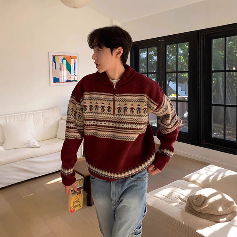 Autumn and Winter New Korean Style High-end Lapel Long-sleeved Half-zipper Knitted Sweater Top Men's Loose American Style Retro