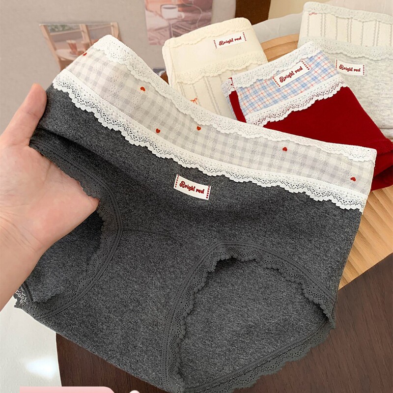 Graceful Style~ Retro Plaid Lace Girls' Underwear Women's Pure Cotton 2025 New Model Ladies' Briefs