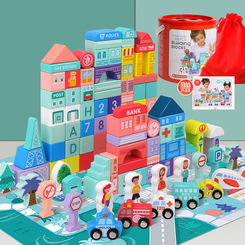 Wooden 108-particle bucket of colorful macaron building blocks, children's number building blocks early education intellectual wooden toy wholesale