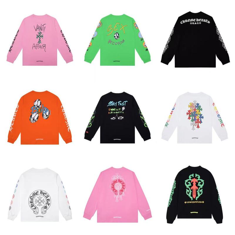 Cross-Border Trendy Brand Chrome Heart Double Yarn Pure Cotton Round Neck Unisex Printed Long-Sleeve T-Shirt