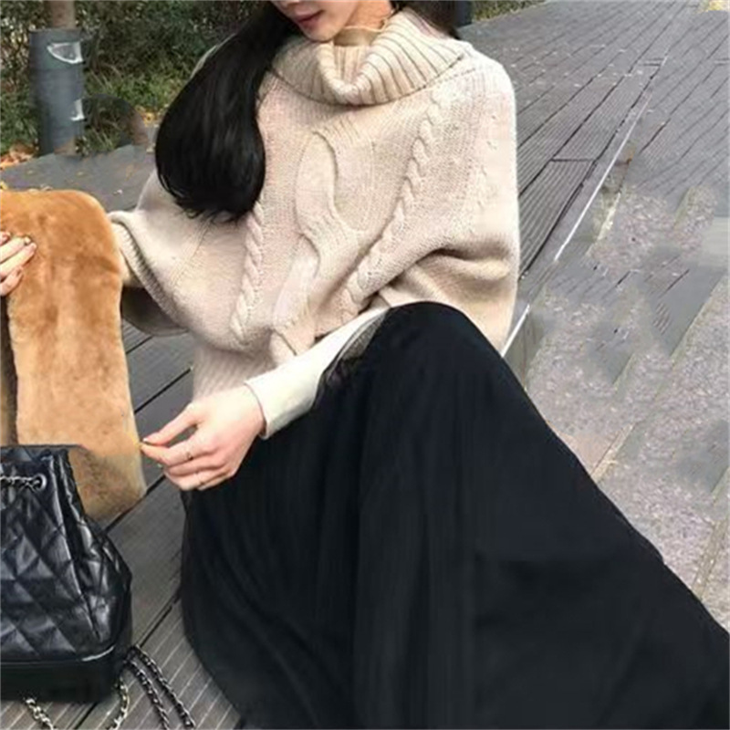 跨境高领麻花针织衫套头秋冬新款七分袖宽松慵懒斗篷毛衣女外穿潮|undefined