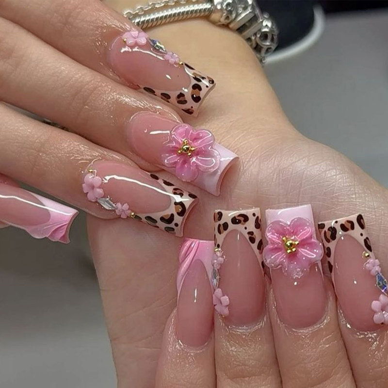 Cross-Border Leopard Print French 3D Flower European and American Style Press-On Nails, Instagram-Style Nail Tips, Removable Fake Nail Tips Wholesale Cross-Border Leopard Print French 3D Flower European and American Style Press-On Nails, Instagram-Style Nail Tips, Removable Fake Nail Tips Wholesale