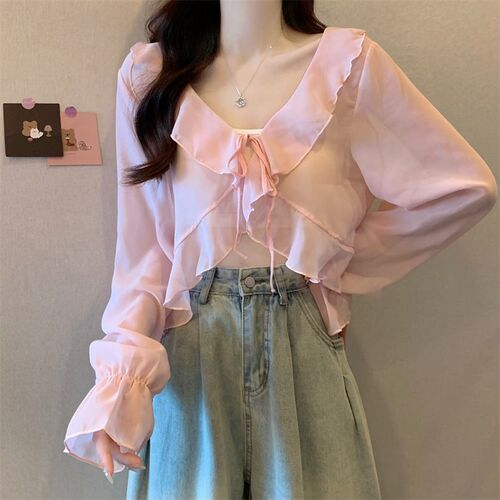 Lace tie sweet spicy design breathable sundress style open jacket women apricot color thin cover-up versatile small top