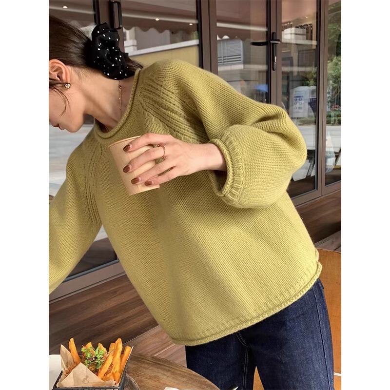 French Style Yellow Knitted Sweater Pullover 2023 New Women's Autumn Thick Stick Needle Loose Lazy Style Top