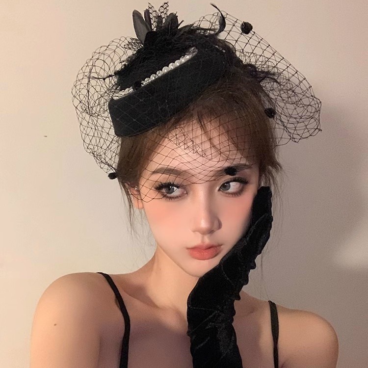复古民国网纱礼帽女头饰新娘珍珠面纱名媛旗袍礼服发饰万圣节装饰|undefined