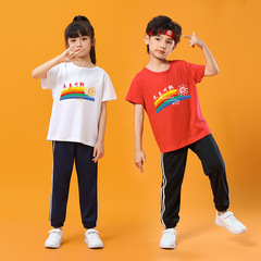 未來可期國慶演出服兒童短袖長褲套裝紅色衣服  小學生幼兒園班服