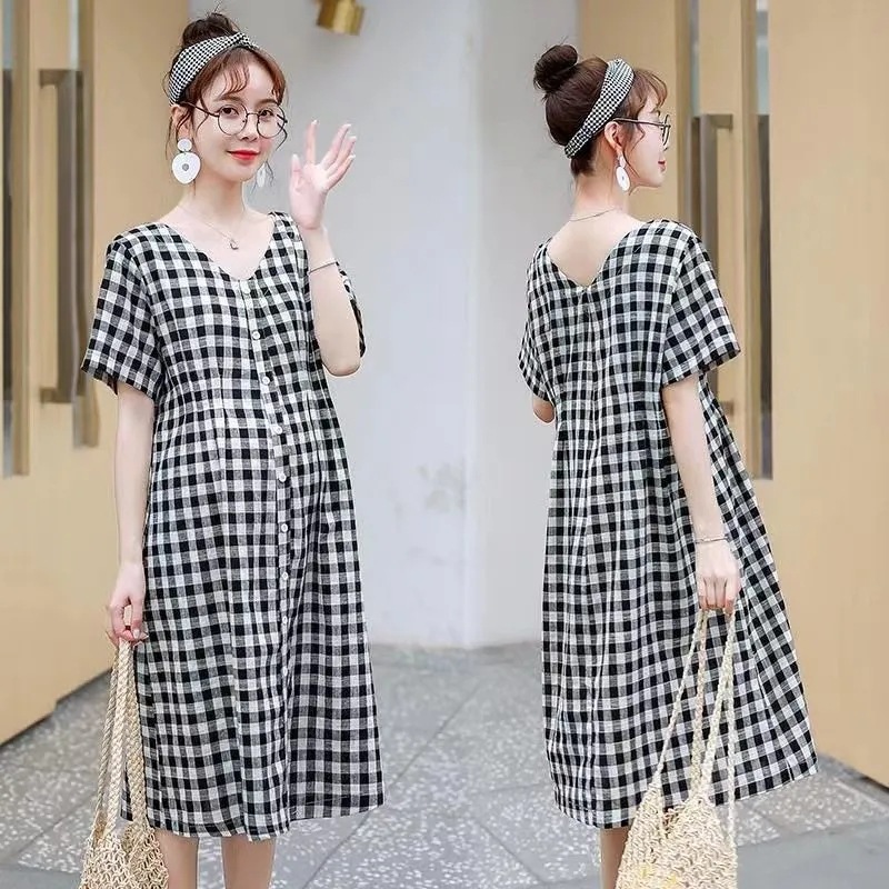 Maternity Summer Short-Sleeve Long Dress for Pregnant Women, Covering Stomach, Long Striped Top, Loose Fit for Summer Pregnancy